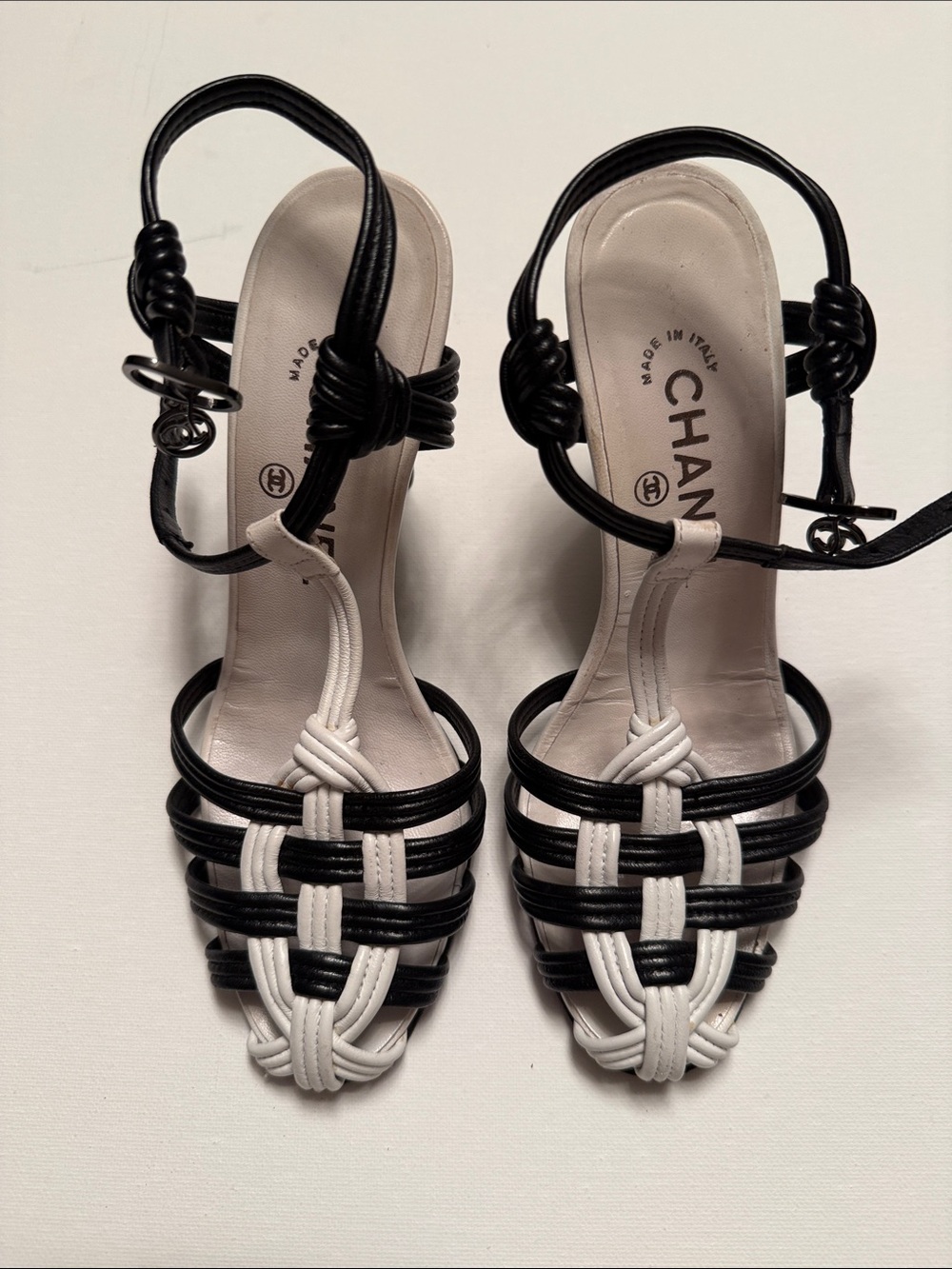 CHANEL Black & White Braided Leather Slingback Heels